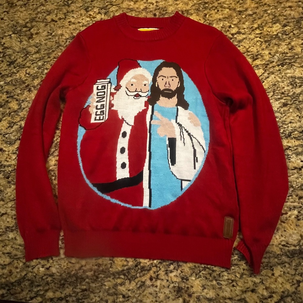 Tipsy Elves Mens Santa and Jesus Eggnog Ugly Christmas Sweater Red Medium
